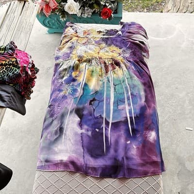 Unity World Wear Ladies XL Boho Purple Floral Flare Sleeves Elastic Bodice - Thumbnail 6