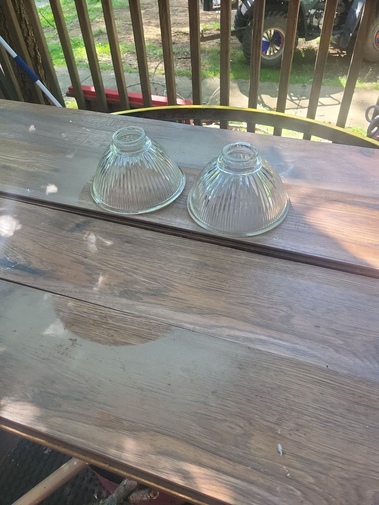 Pair of Vintage Holophane-Style Ribbed Glass Pendant Lamp Shades