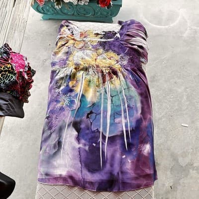Unity World Wear Ladies XL Boho Purple Floral Flare Sleeves Elastic Bodice - Thumbnail 4