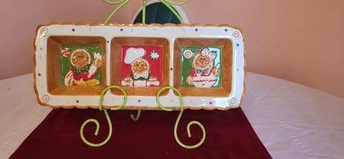 Gingerbread Man Serving Tray Ceramic 3D Dimensional 3 Compartment Appetizer