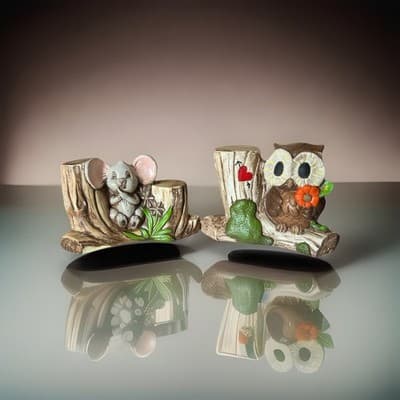 VintageCeramic Owl On Branch Figurine Bookend Shelf Sitter Decor