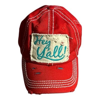 Womens Hey Yall Baseball Cap Strapback Hat Red Distressed KB ETHOS Vintage Texas
