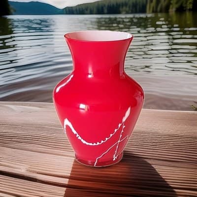 Vintage BX MCM CASED GLASS Red w/ White Drizzle Design Blown Glass Vase w/ TAG