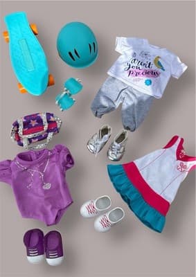 18” Doll Clothes . 3 Outfits With Shoes And Skateboard With Helmet & Kneepad