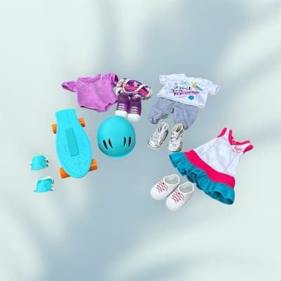 18” Doll Clothes . 3 Outfits With Shoes And Skateboard With Helmet & Kneepad - Thumbnail 3