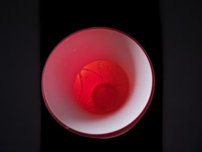 Vintage BX MCM CASED GLASS Red w/ White Drizzle Design Blown Glass Vase w/ TAG - Thumbnail 5