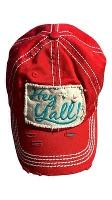 Womens Hey Yall Baseball Cap Strapback Hat Red Distressed KB ETHOS Vintage Texas - Thumbnail 3
