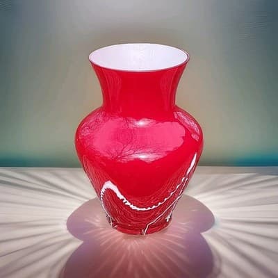 Vintage BX MCM CASED GLASS Red w/ White Drizzle Design Blown Glass Vase w/ TAG - Thumbnail 2