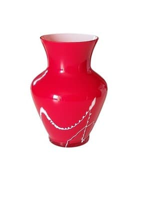Vintage BX MCM CASED GLASS Red w/ White Drizzle Design Blown Glass Vase w/ TAG - Thumbnail 8