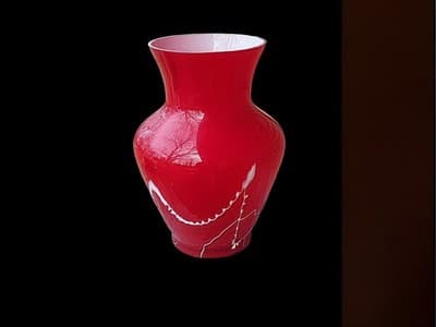 Vintage BX MCM CASED GLASS Red w/ White Drizzle Design Blown Glass Vase w/ TAG - Thumbnail 4
