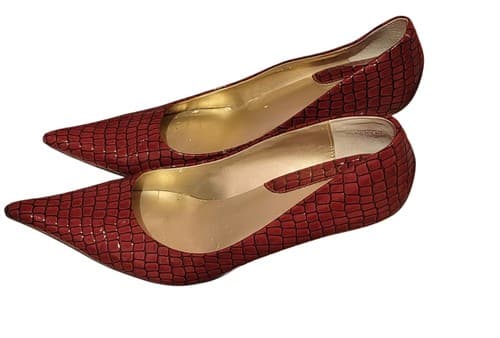 Nine West Red Croc Embossed Leather Pumps Womens Size 9 Low Classic Heel Shoes - Thumbnail 3