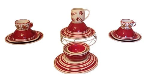 Dansk Hand Painted Red w White Stripe Set Of 4 "Maraschino" Place Settings