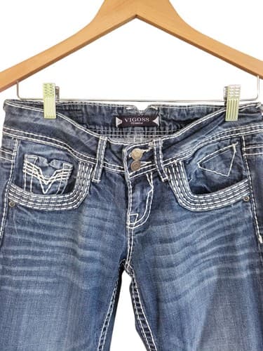 Vigoss Bootcut Flared Jeans Womens Dark Wash Low Rise Distressed Flares Size 3