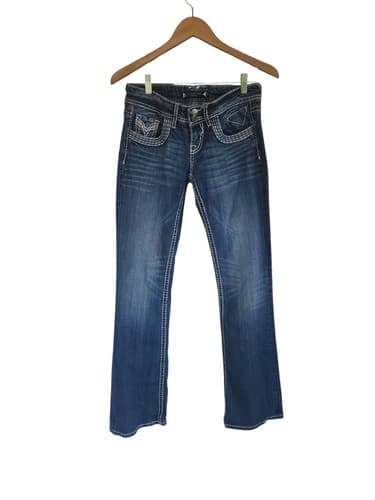 Vigoss Bootcut Flared Jeans Womens Dark Wash Low Rise Distressed Flares Size 3 - Thumbnail 3