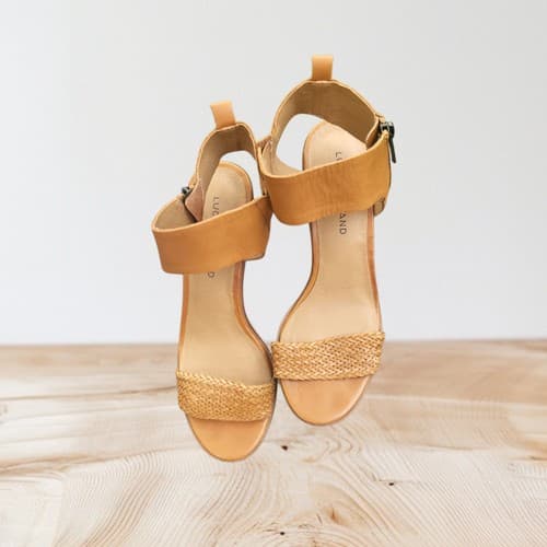 Lucky Brand Womens Pomee Heeled Sandal Brown Ankle Strap Side Zip 7.5 M