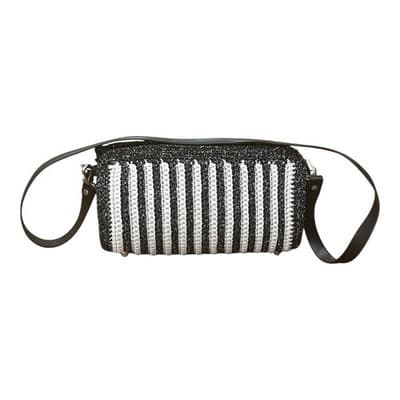 Vintage Black/White Handmade Woven Handbag With Leather Straps - Thumbnail 2