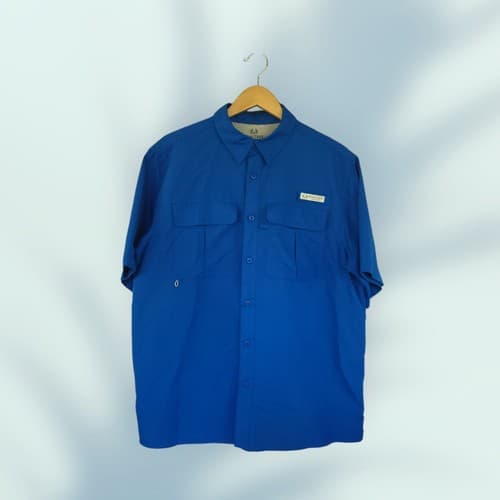Realtree Mens Nylon Vented Shirt L Blue Short Sleeve Button Down Fishing Shirt