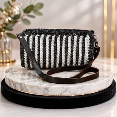 Vintage Black/White Handmade Woven Handbag With Leather Straps