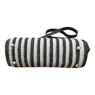 Vintage Black/White Handmade Woven Handbag With Leather Straps - Thumbnail 3