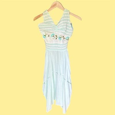 Lovely Turq. Cotton Halter Dress-Crochet, Embroidery, Ribbon Trim - Thumbnail 2