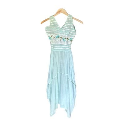 Lovely Turq. Cotton Halter Dress-Crochet, Embroidery, Ribbon Trim