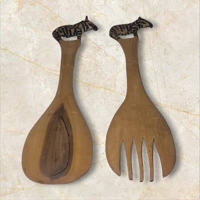 Vintage Zebra Wood African Salad Serving Spoon & Fork,