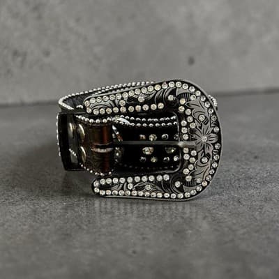 Rhinestone Cowgirl Black leather Belt with Rhinestone horseshoes L