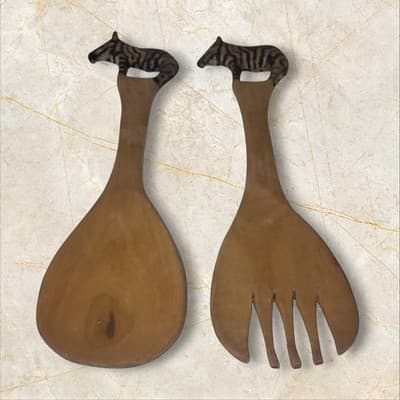 Vintage Zebra Wood African Salad Serving Spoon & Fork, - Thumbnail 2