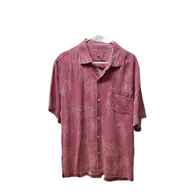 Tommy Bahama Mens Red Short Sleeve Silk Chambray Trim Casual Shirt Large