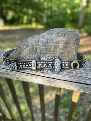 Rhinestone Cowgirl Black leather Belt with Rhinestone horseshoes L - Thumbnail 11
