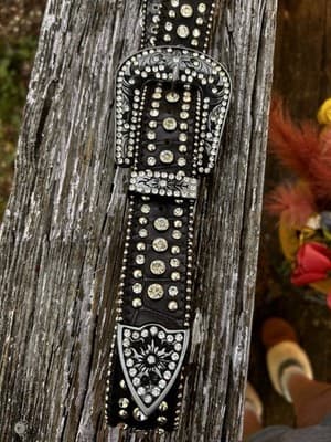 Rhinestone Cowgirl Black leather Belt with Rhinestone horseshoes L - Thumbnail 9
