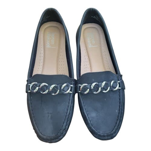 Lauren Blackwell “Lizbeth” Silver Chain Hardware Black Faux Leather Flats Size 8