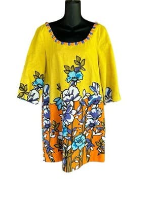 ECI New York Yellow Floral Tunic Dress 8 Jewel Collar Knee Length Size 12