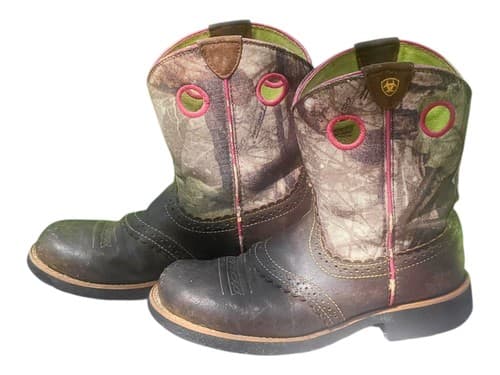 Ariat Boots Pink Camo Brown Leather Fatbaby Boots Size 4.5 Youth - Thumbnail 2