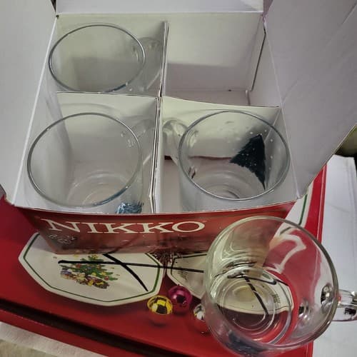 Vintage Nikko HAPPY HOLIDAYS Christmas Glassware 10oz Glass Mugs Set Of 4 In Box - Thumbnail 3