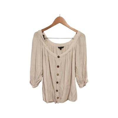 Womens Linen Blend Button Front Top Size 3XL Oatmeal Boxy Lagenlook Coastal