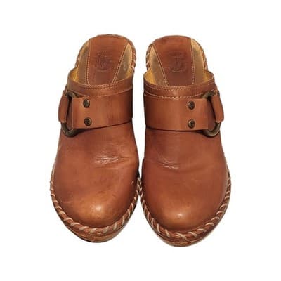 Frye Mules Women's 8.5 Brown Leather Studded Stitched Buckle Heel - Thumbnail 2