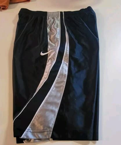 L Men Nike Athletic Basketball Shorts Black Gray White Stripe Polyester EUC