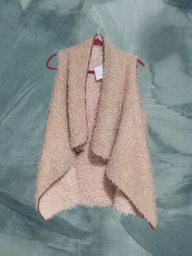 Hopely Womens Faux Fur Vest Size Small Beige Pockets Open Front