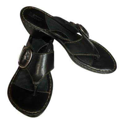 Born Womens Flip Flop Sandals Brown Buckle Platform Heels Leather Slip Ons 8 M - Thumbnail 2