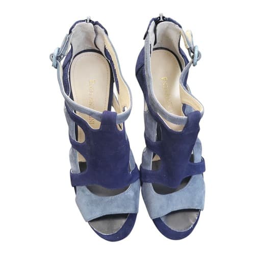 Enzo Angiolini Blue & Gray Leather Strappy Heels | Peep Toe Buckle Closure