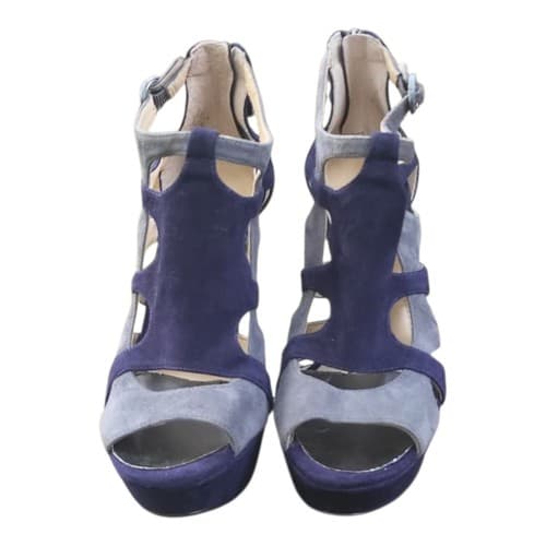 Enzo Angiolini Blue & Gray Leather Strappy Heels | Peep Toe Buckle Closure - Thumbnail 3