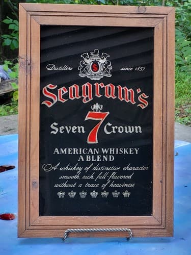Vintage Seagram's Seven 7 Crown Whiskey Wood Framed Mirror Sign 19" X 14-3/4" - Thumbnail 2