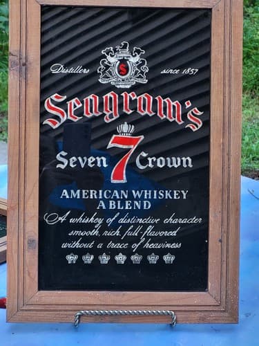 Vintage Seagram's Seven 7 Crown Whiskey Wood Framed Mirror Sign 19" X 14-3/4" - Thumbnail 3