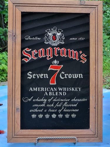 Vintage Seagram's Seven 7 Crown Whiskey Wood Framed Mirror Sign 19" X 14-3/4"