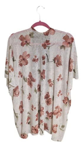 Janice One Size Short Sleeve Open Kimono (Pink Floral Design) - Thumbnail 2