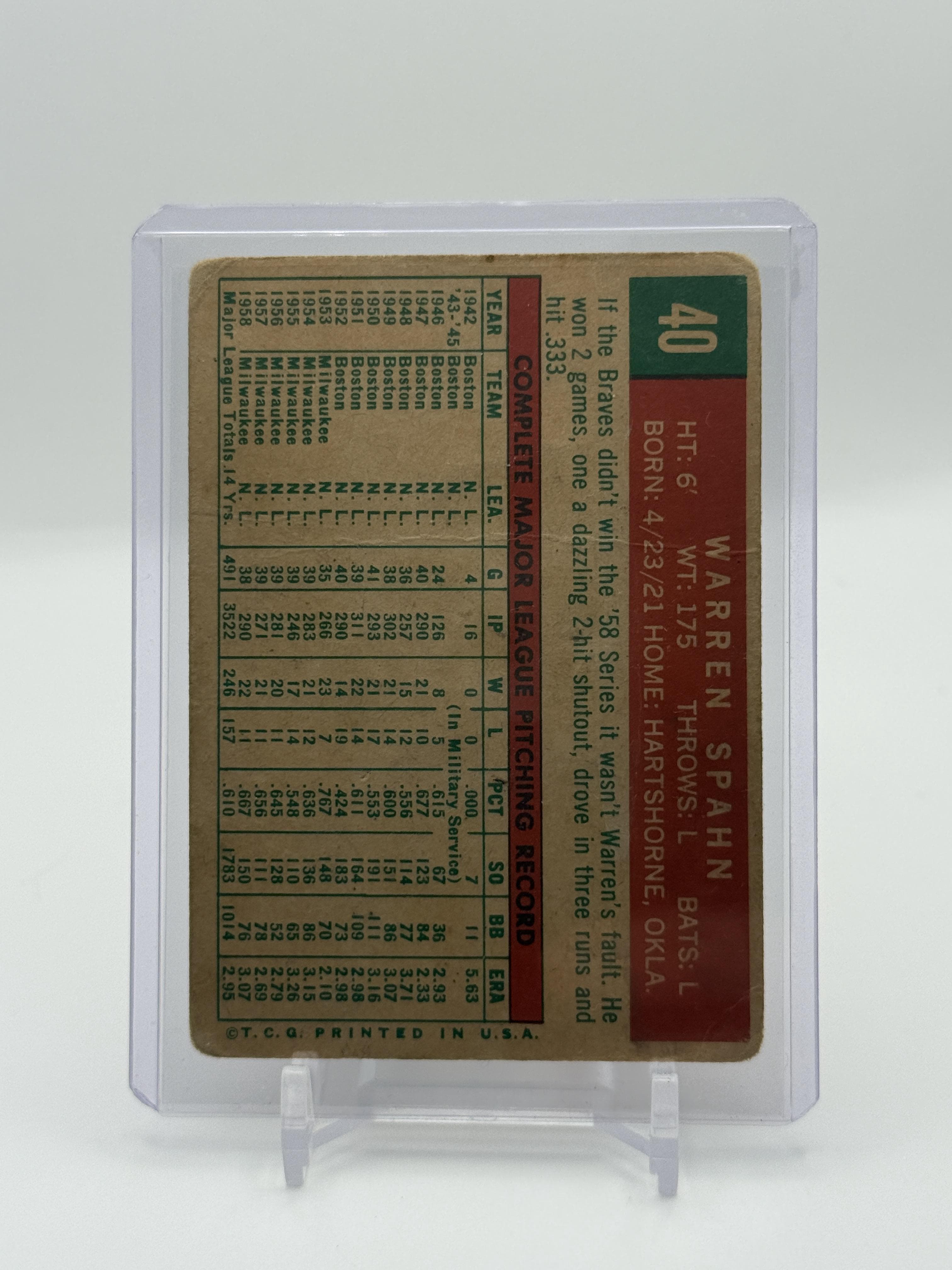 1959 Topps Venezuelan #40 Warren Spahn - Thumbnail 2