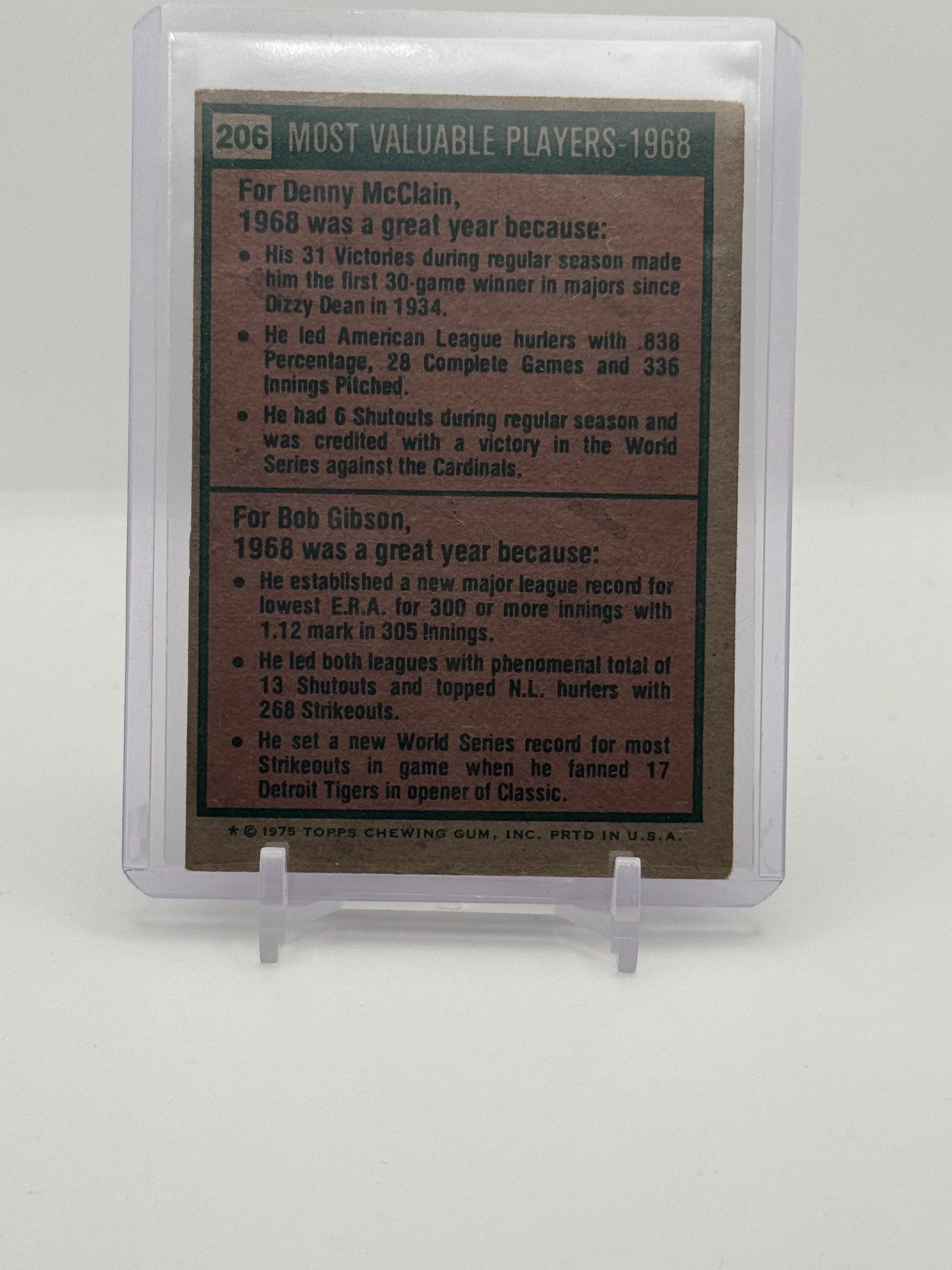1975 Topps #206 1968 MVPs (Denny McLain / Bob Gibson) - Thumbnail 2