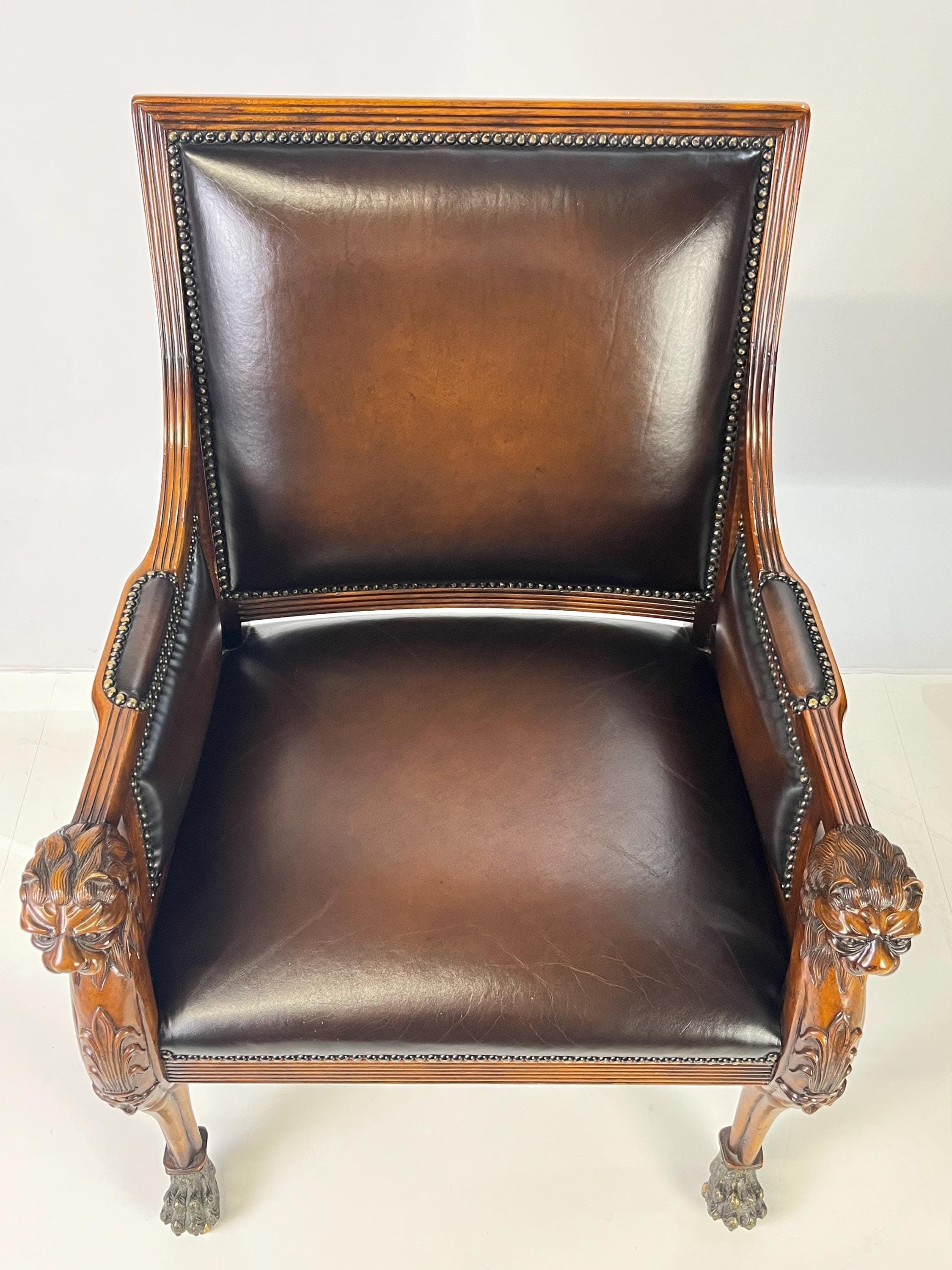 Pair of Theodore Alexander Regency Style Carved Lion & Hairy Paw Caster Armchairs in Brown Leather - Thumbnail 8