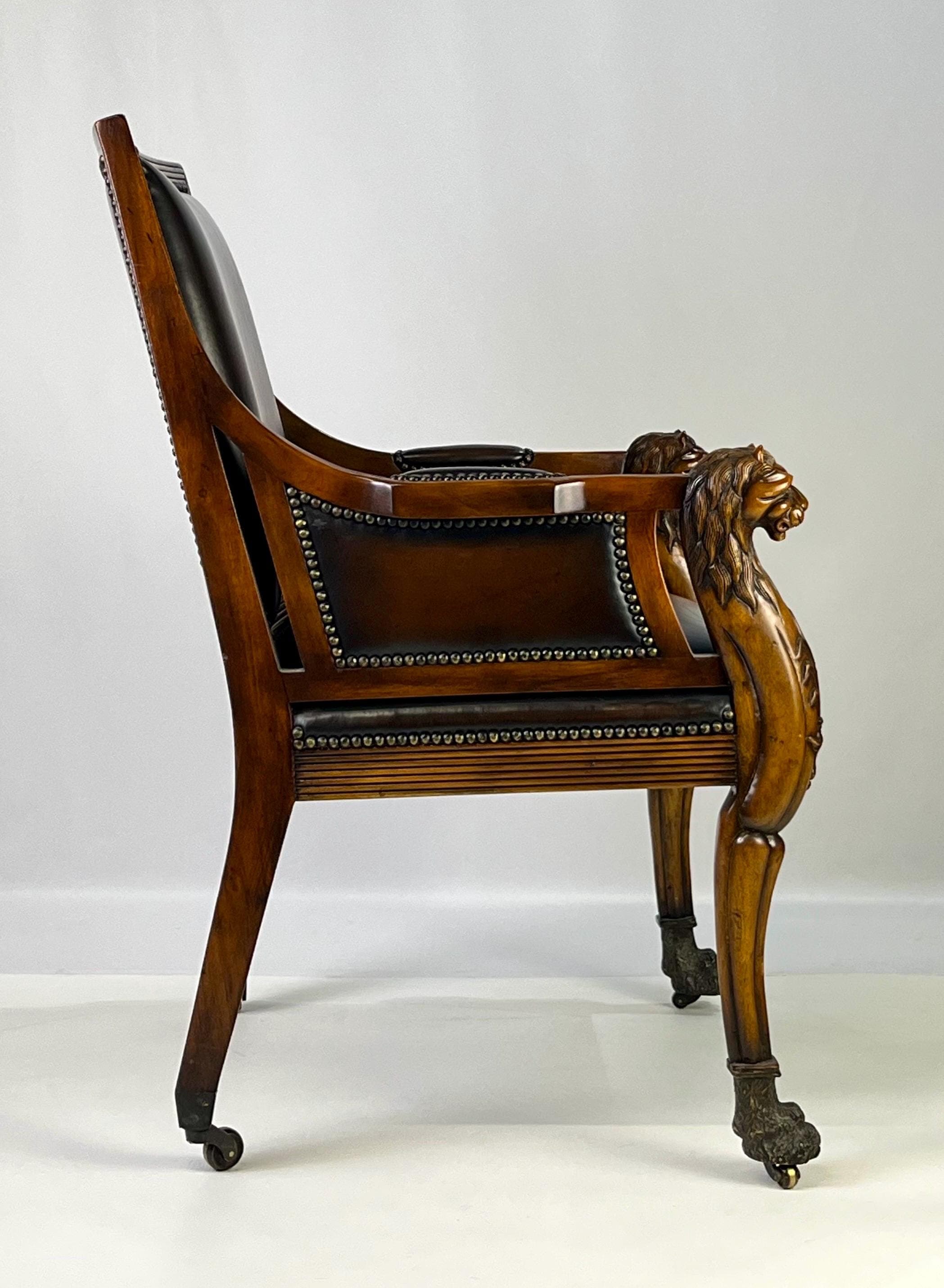 Pair of Theodore Alexander Regency Style Carved Lion & Hairy Paw Caster Armchairs in Brown Leather - Thumbnail 5
